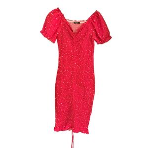 Valentines Prettygarden Red Heart Smocked Bodycon Dress Ruched Tie Puff Sleeve L